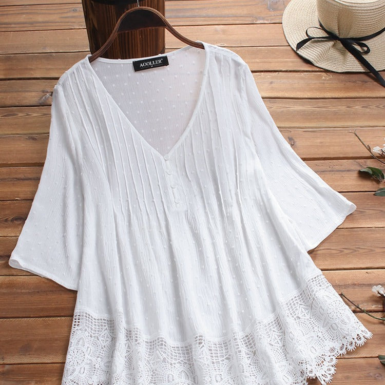 Women's Summer Jacquard Pleated Lace Hollow Out Blouses
