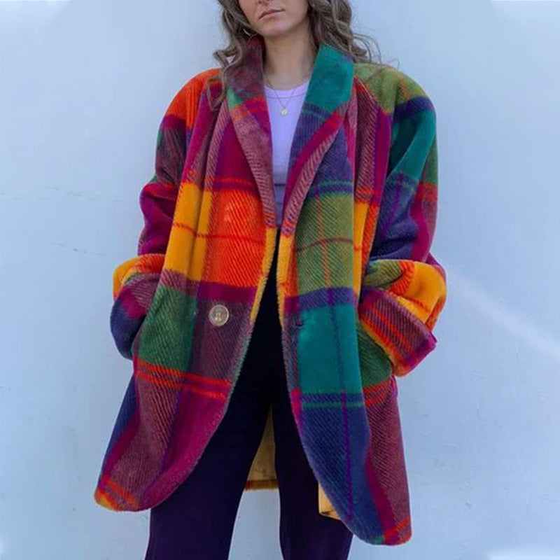 Refined Plaid Color Contrast Patchwork Lapel Coats