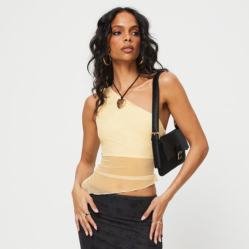 Women's Summer Solid Color Asymmetric Mesh Blouses