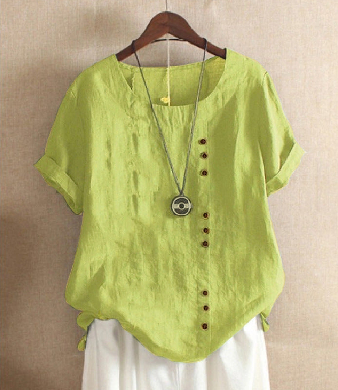 Women's Button Sleeve Casual Holiday Round Neck Regular Cotton Blouses