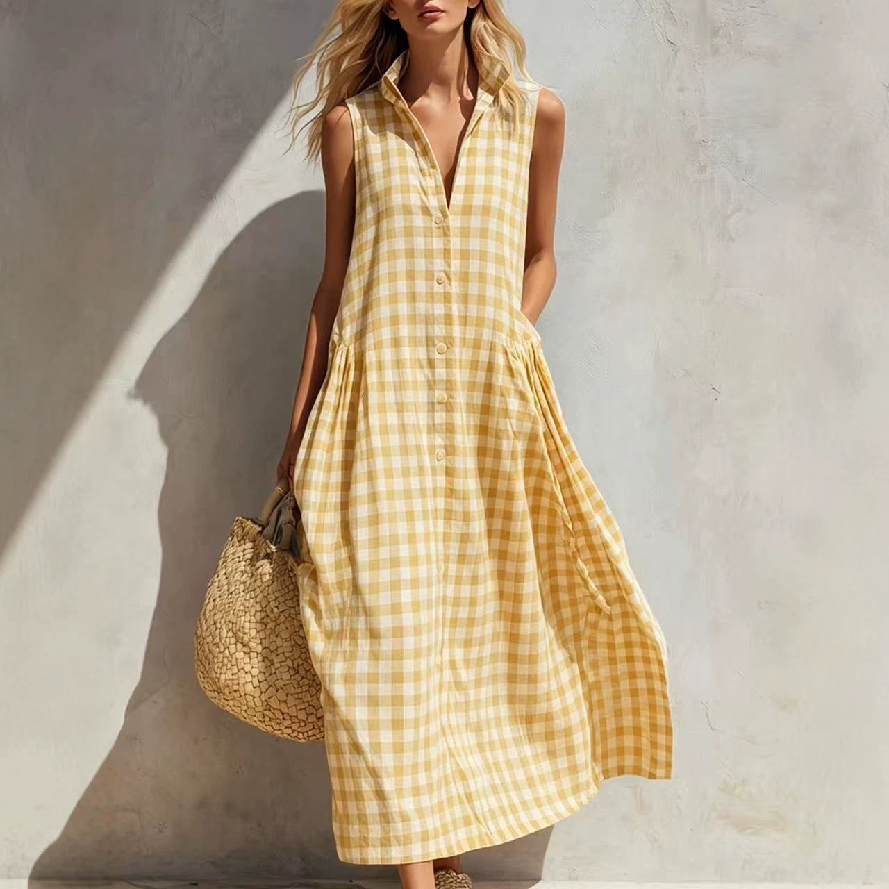 Sleeveless Summer Vacation Style Seaside Plaid Loose Dress