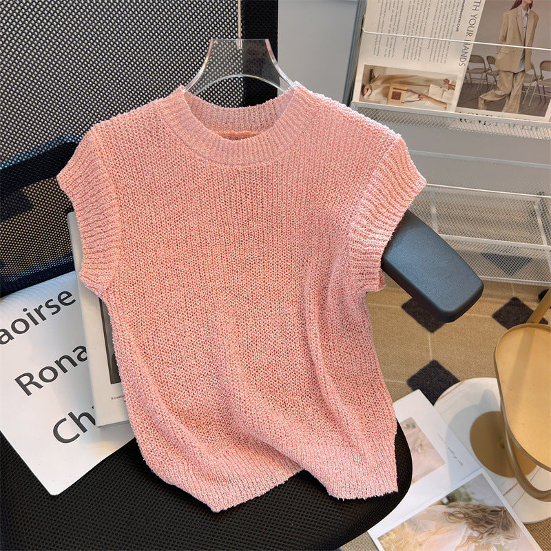 Women's European Goods Short-sleeved Summer Silk Ice Design Sleeveless Solid Women's Sweater