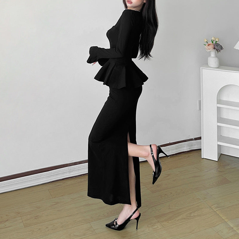 Women's Pure Color Ruffles Waist Decoration Long Dresses