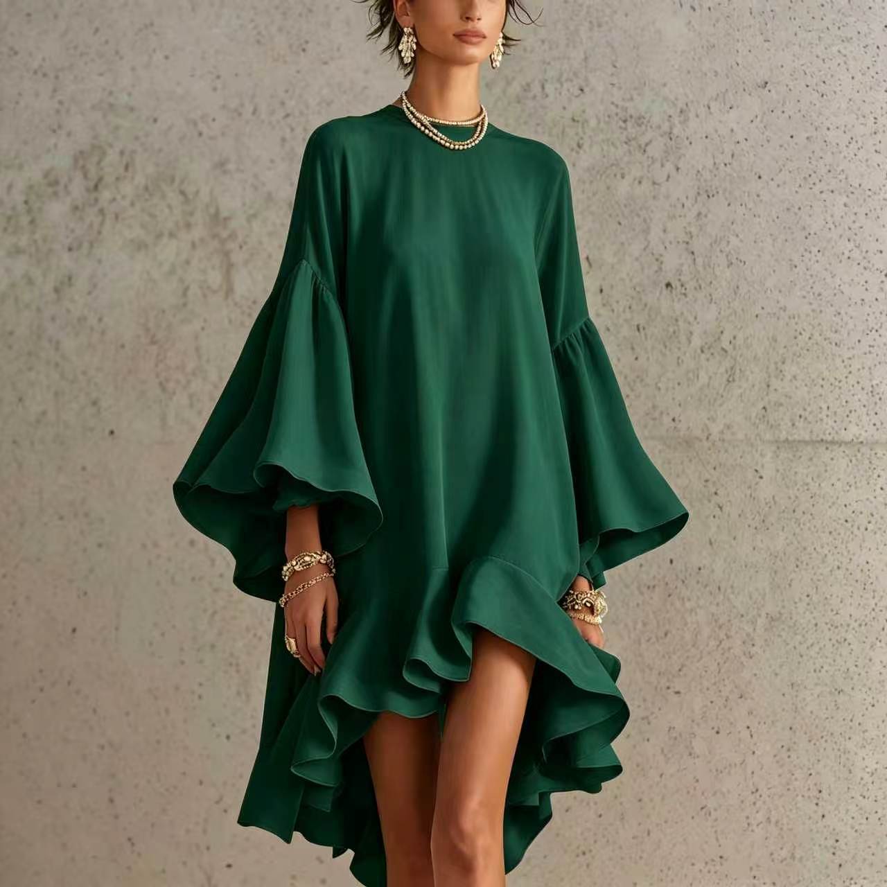 Color Round Neck Large Bell Sleeve Ruffled Dress