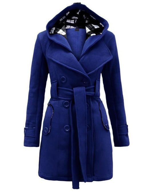 Women's Trench Woolen Plaid Hoodie Elegant Double-breasted Coats