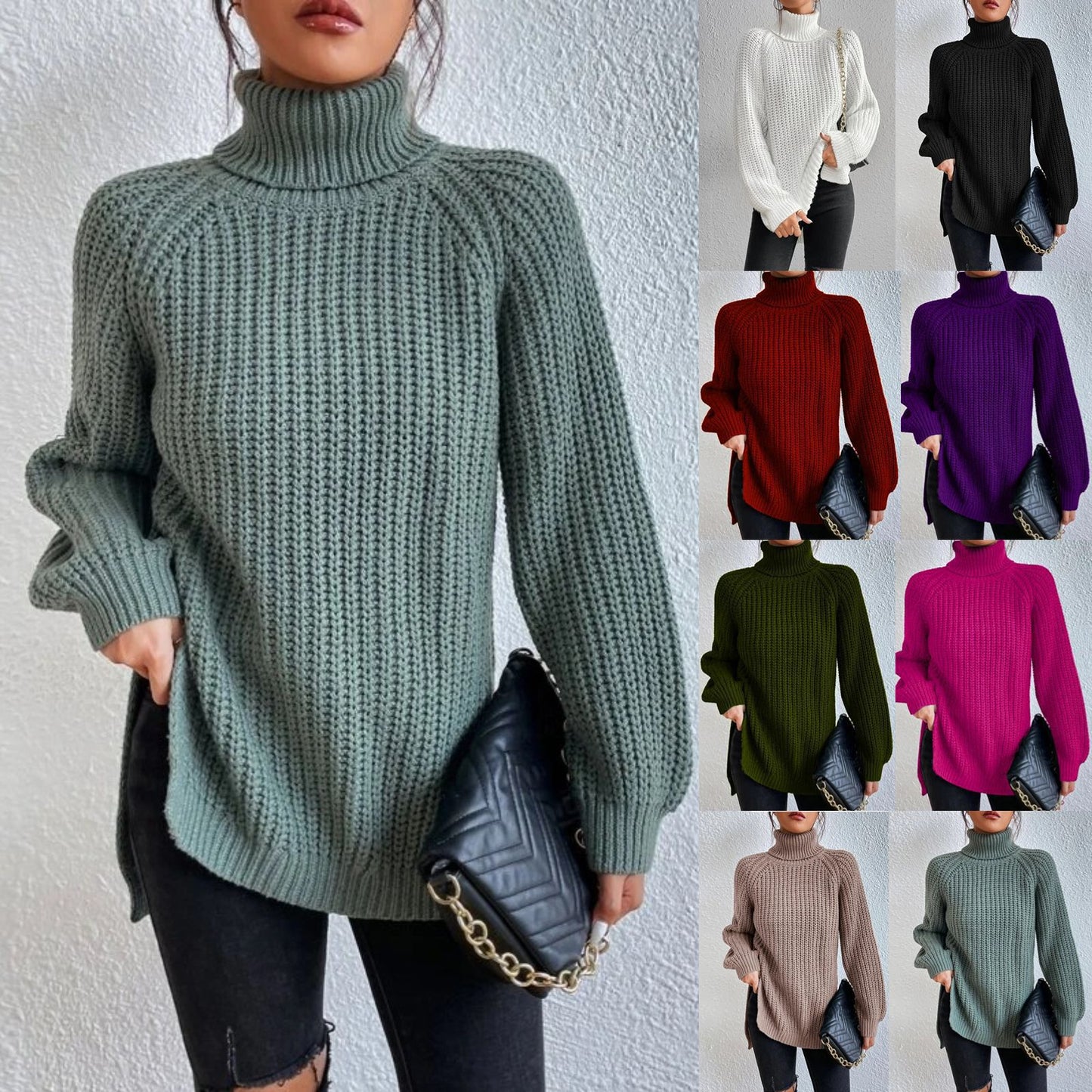 Women's Mid-length Raglan Sleeve High Lapel Split Knitwear