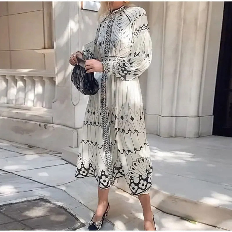Women's Style Elegant Long-sleeved Printed Large Swing Dresses