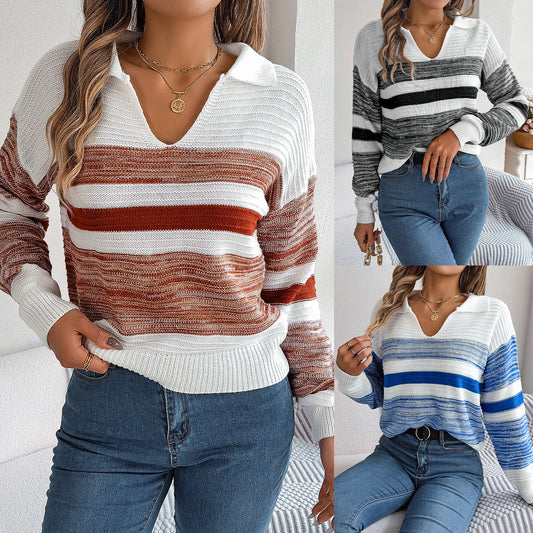Women's Clearance Casual Lapel Contrast Color Striped Long Sleeve Sweater