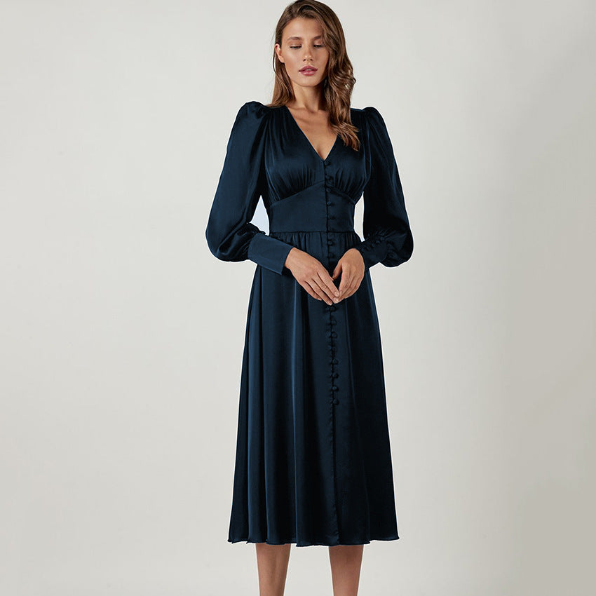 Women's Satin Dress Design Sense Lantern Sleeve Waist Dresses