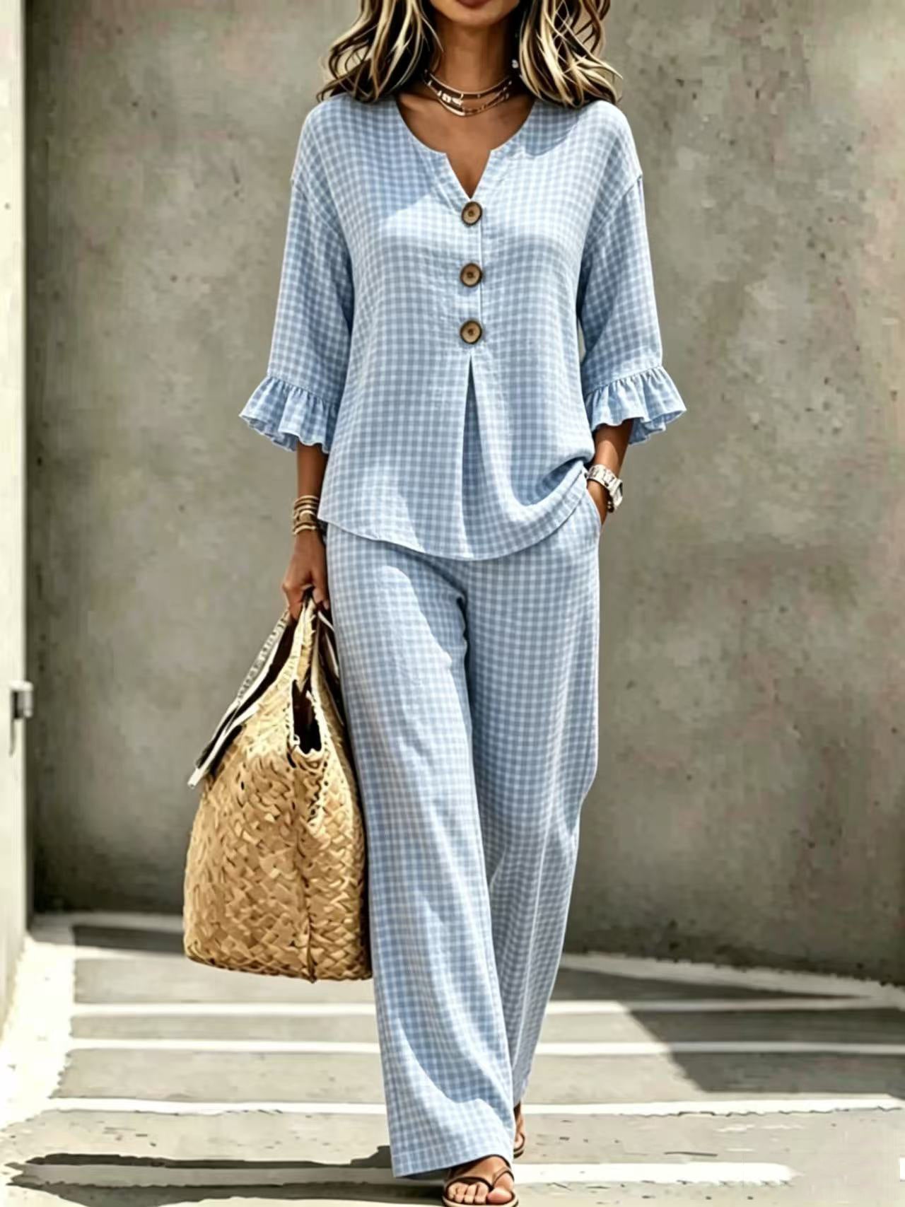 Women's Button Flounce Plaid Sleeve Trousers Tops
