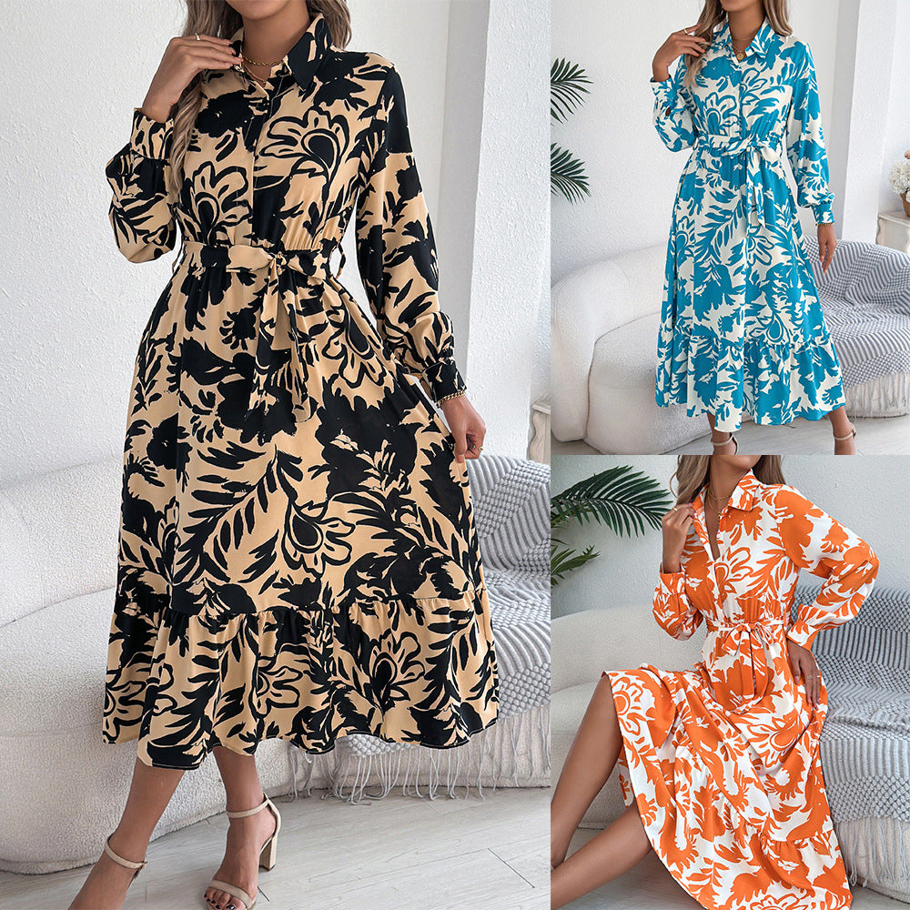 Women's Casual Flower Long Sleeve Shirt Ruffled Dress