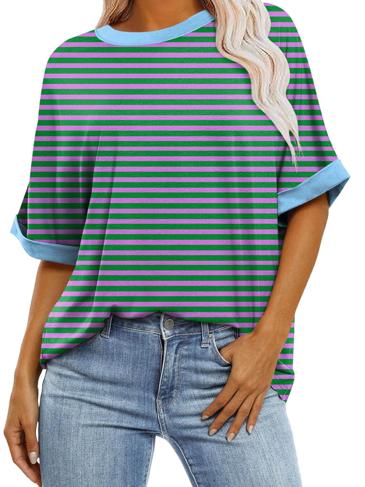 Women's Gradient Color Sleeve Casual Round Neck Blouses