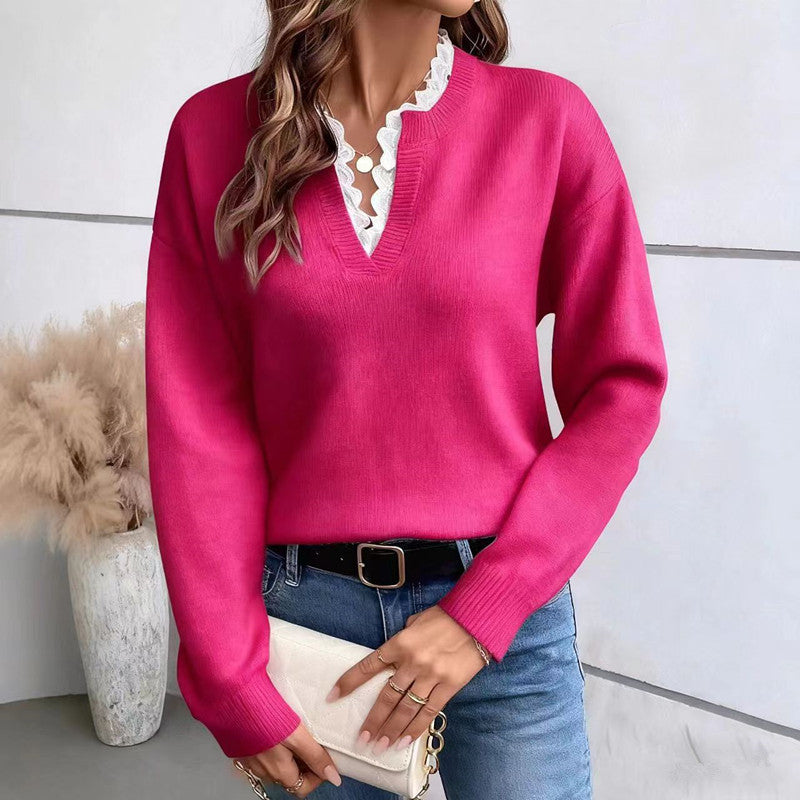 Women's Fashionable Lace Solid Color Loose Long Sweaters