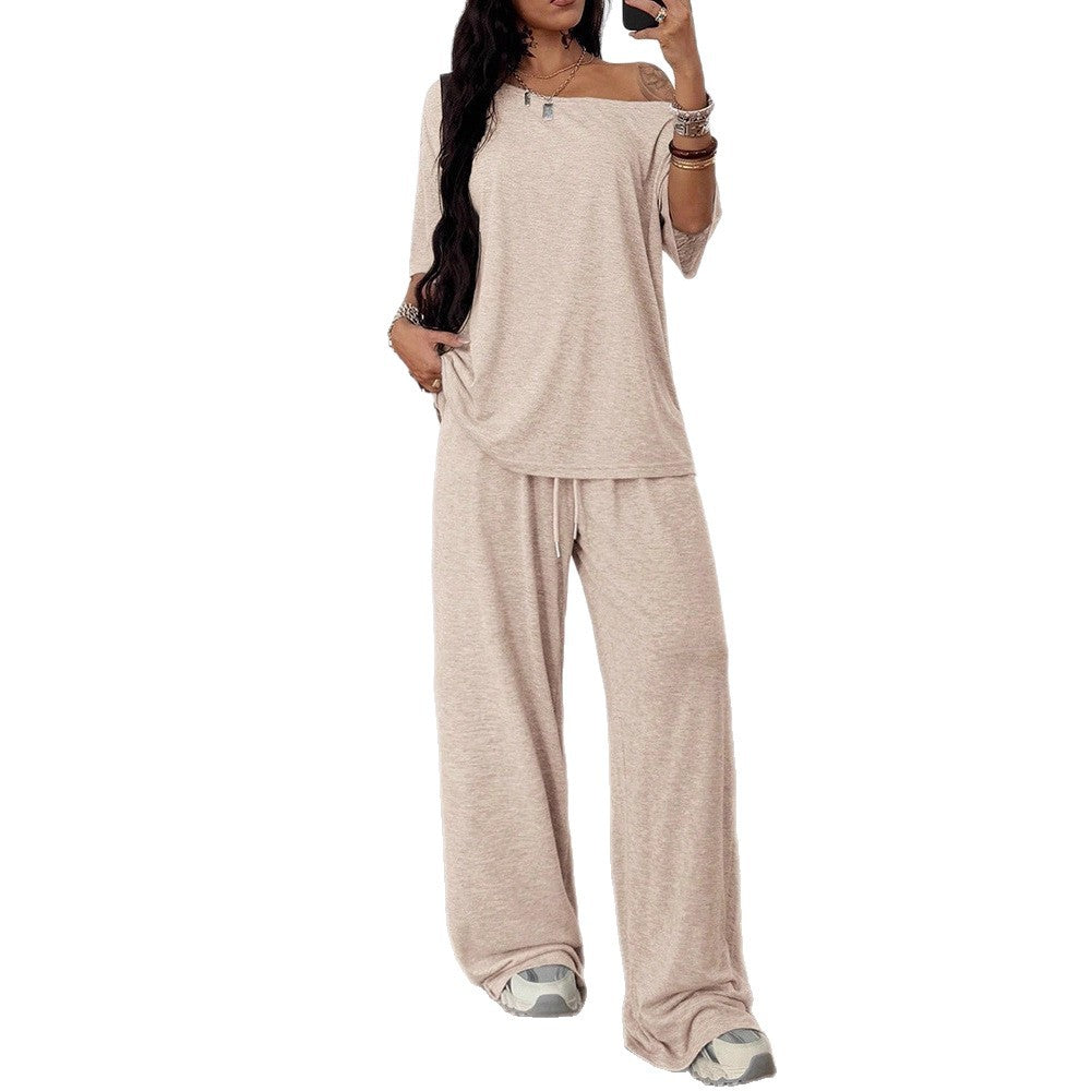 Women's Diagonal Collar Wide Leg Solid Color Sports Two-piece Loose Suits