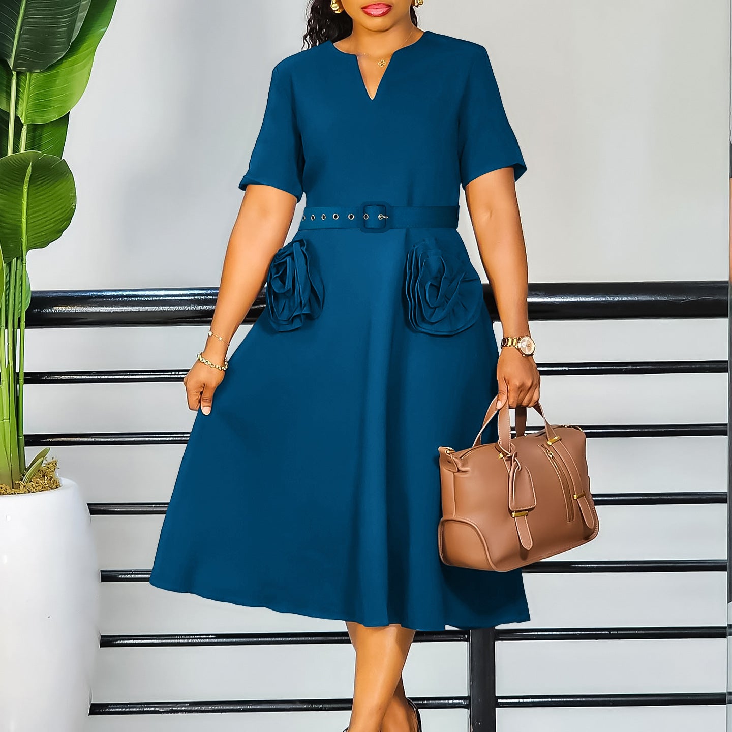 Women's Elegant Sleeve Tight Waist A- Line Dress