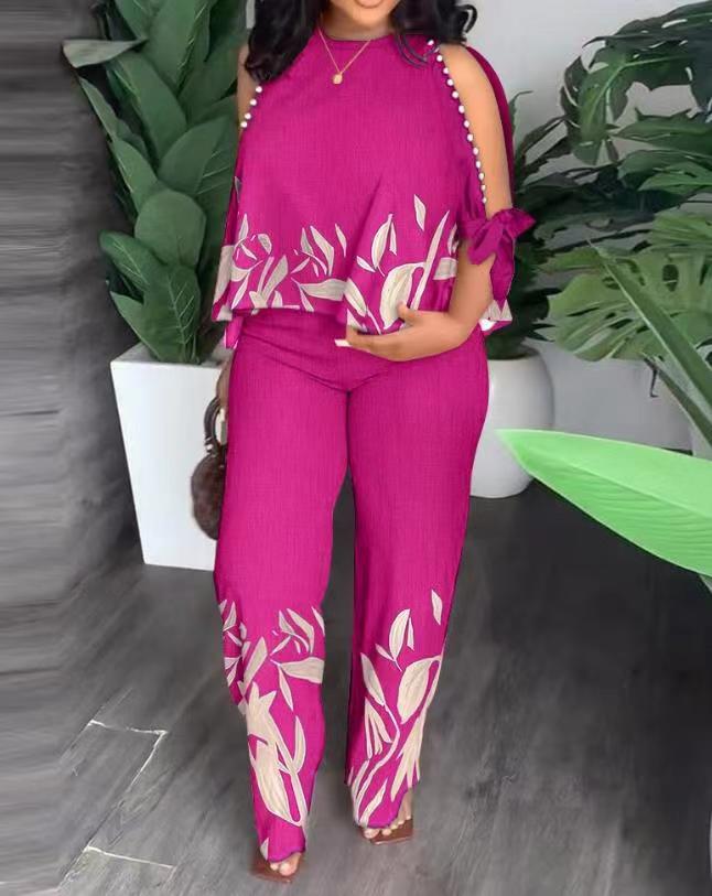 Women's Neck Bead Raglan Sleeve T-shirt Trousers Suits
