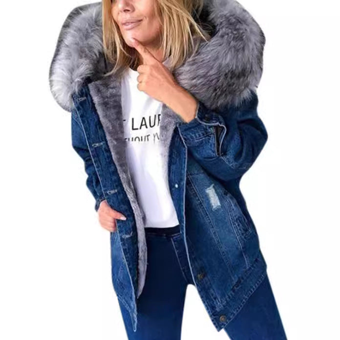 Women's Cashmere Fur Collar Thickened Denim Coats