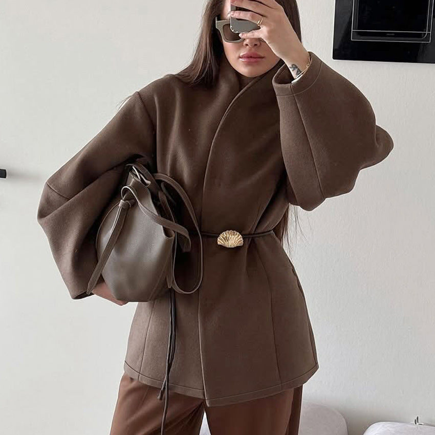 Women's High-grade Brown Woolen Design Temperament Fashion Coats
