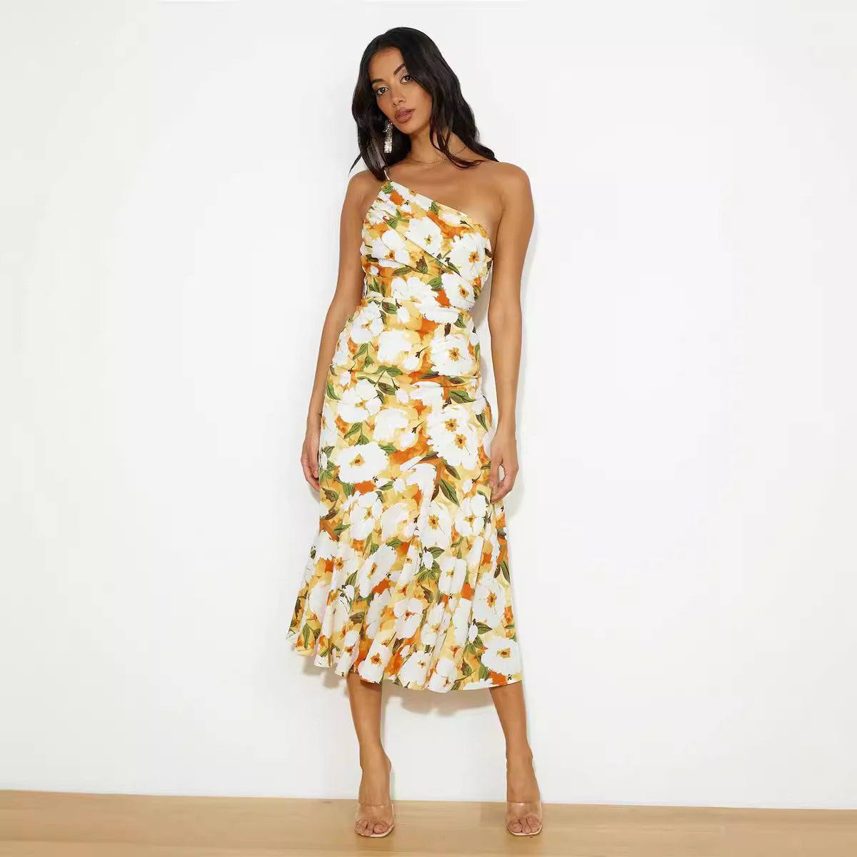 Temperament Diagonal Collar Strap Fishtail Printed Dresses