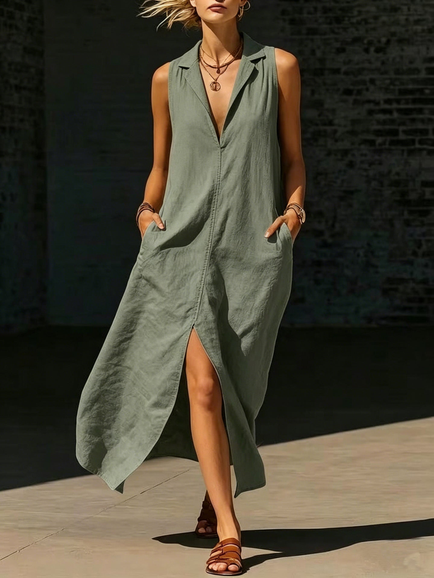 Women's Sleeveless Lapel Slit Pocket Ladies Long Dress