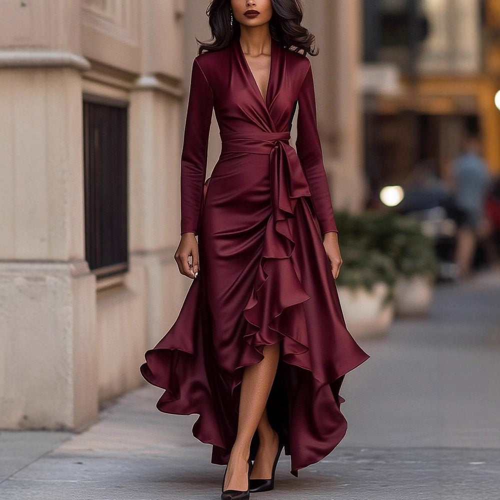 Women's Autumn Waist Trimming Ruffles Elegant Dress Dresses