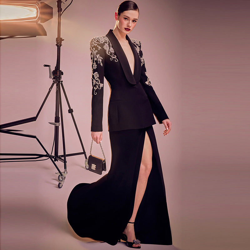 Graceful Diamond Beaded Split Fishtail Dress Jackets