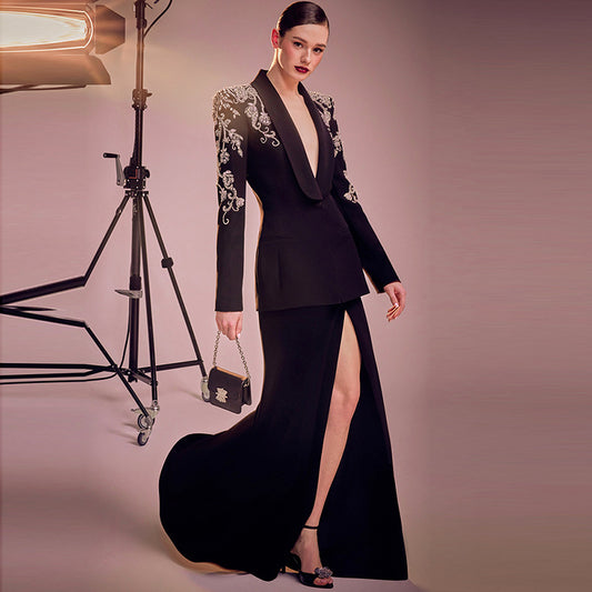 Graceful Diamond Beaded Split Fishtail Dress Jackets