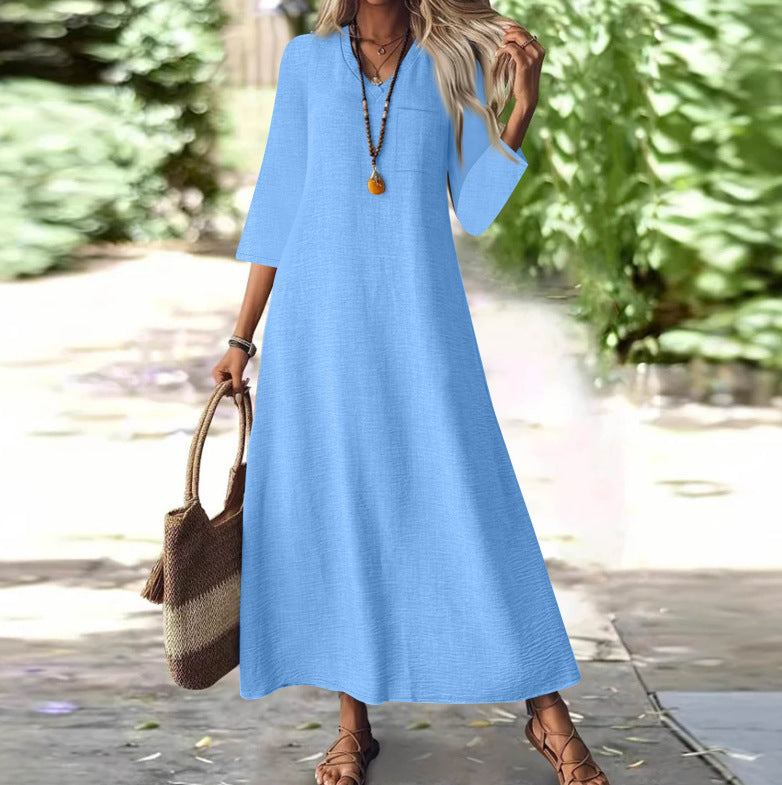 Zipper Sleeve Cotton Linen Solid Color Dress