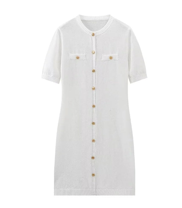 Women's Knitted Short-sleeved Button Wool Dress Dresses