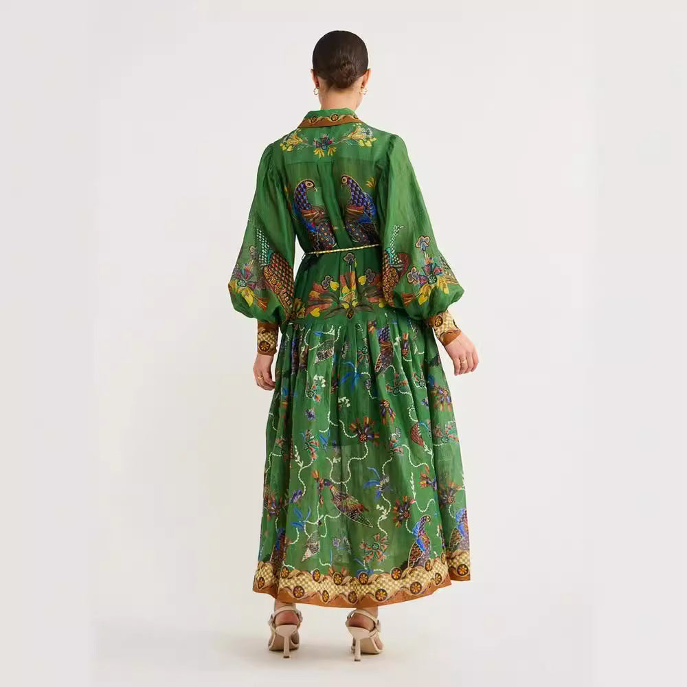 Single-breasted Lantern Sleeve Pleated Printed Waist Dresses
