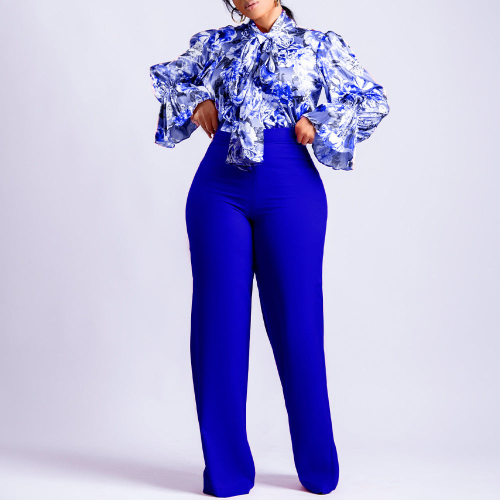Women's Loose Large Printed Long-sleeved Shirt Two-piece Fashion Casual Suit