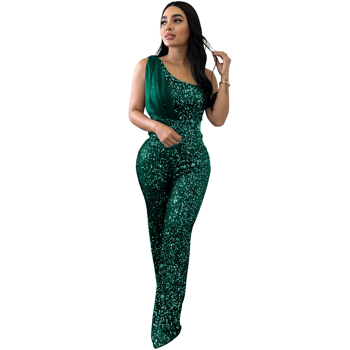 Women's Fashion Wear Solid Color Sleeveless Sequined Jumpsuits