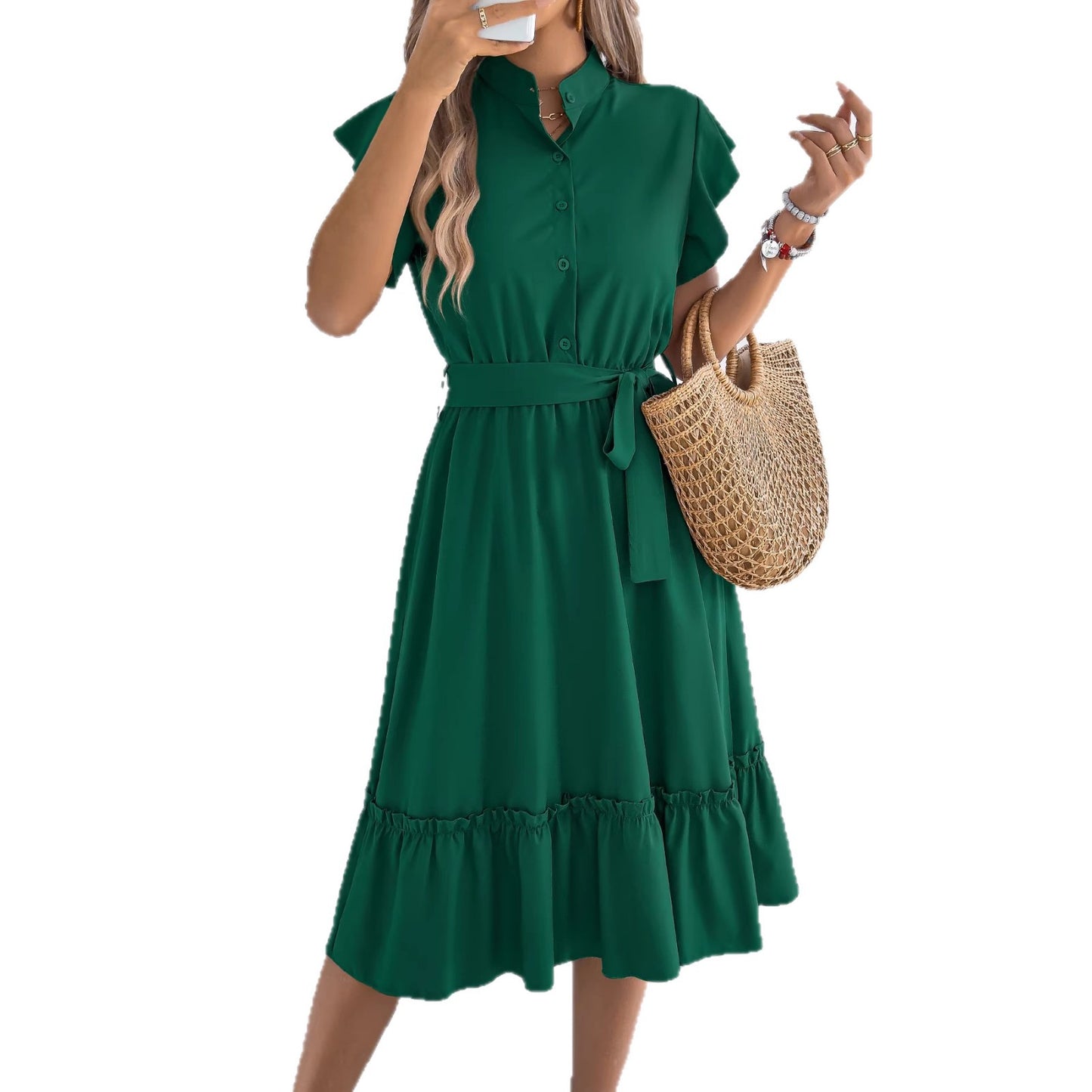 Women's Casual Stand Collar Ruffled Tied Fitted Waist Clothing