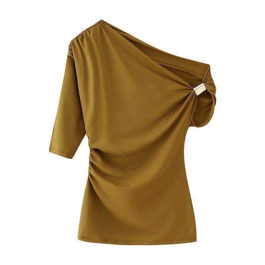 Fashion Pleated Short-sleeved T-shirt Sexy Asymmetric Blouses
