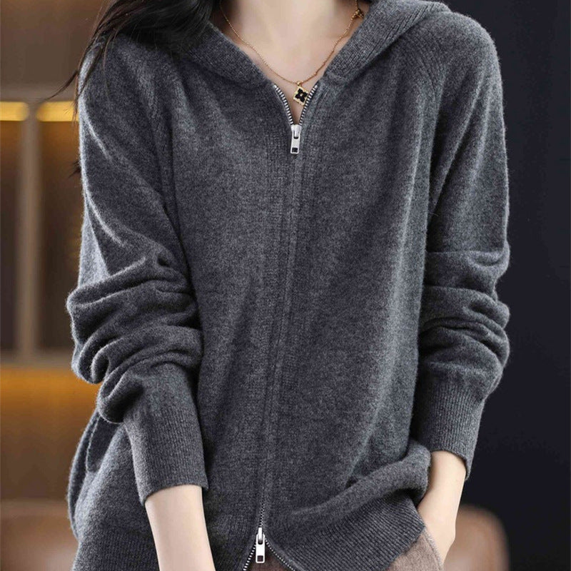 Women's Elegant Double Zipper Hooded Solid Color Sweater