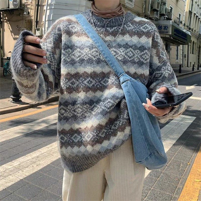 Women's Loose Casual Rhombus Plaid Brocade Outer Wear Idle Style Sweaters