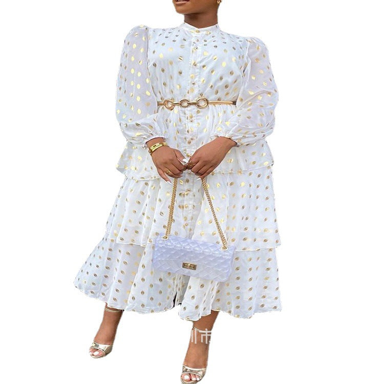 Women's Long Golden Printing Loose Waist Temperament Dresses