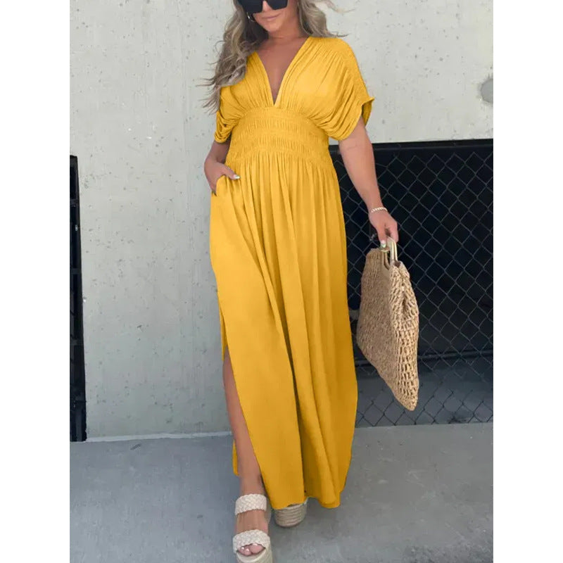 Color Bat Sleeve Elastic Waisted Slimming Dresses