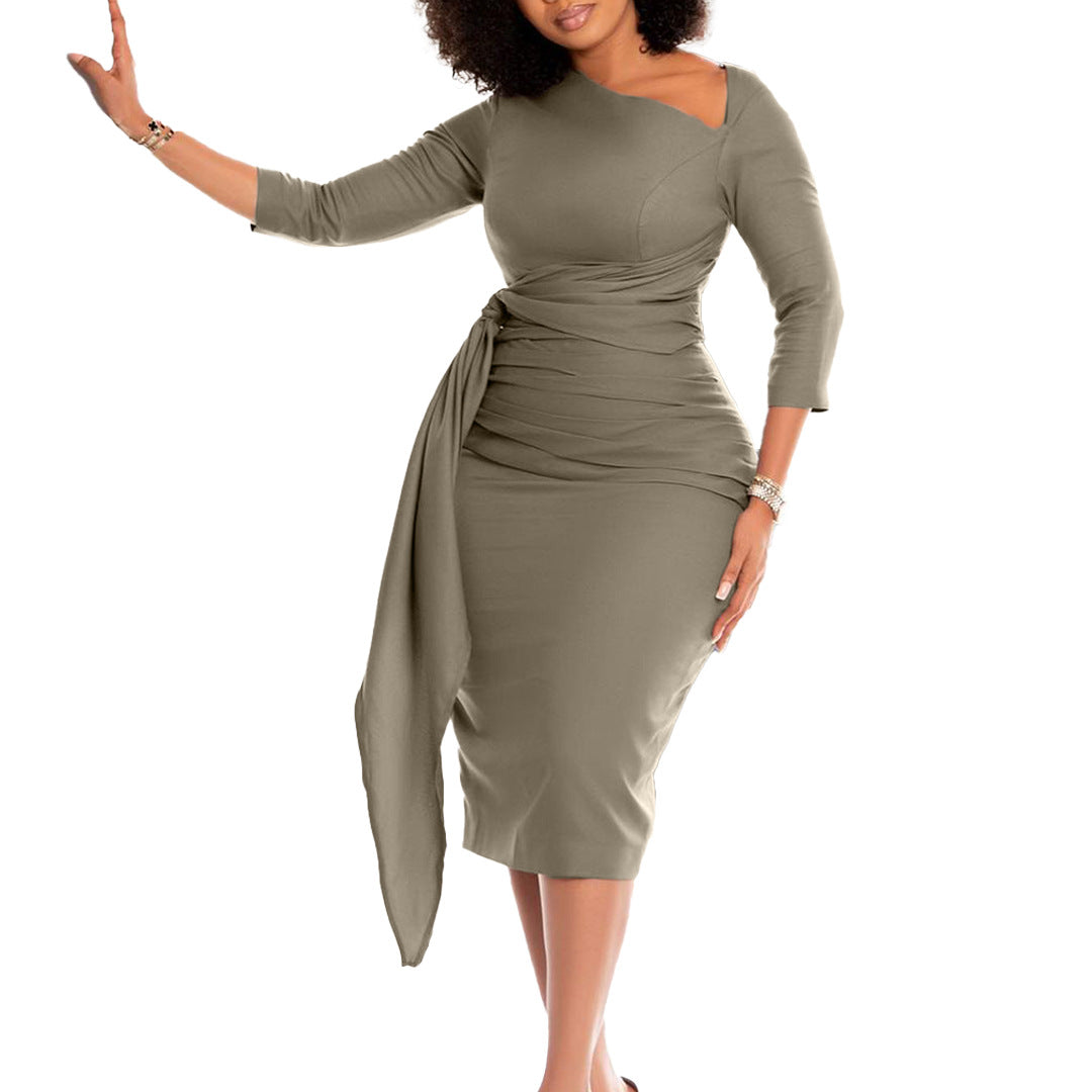 Women's Pleated Bandage Solid Color Sheath Business Temperament Plus Size