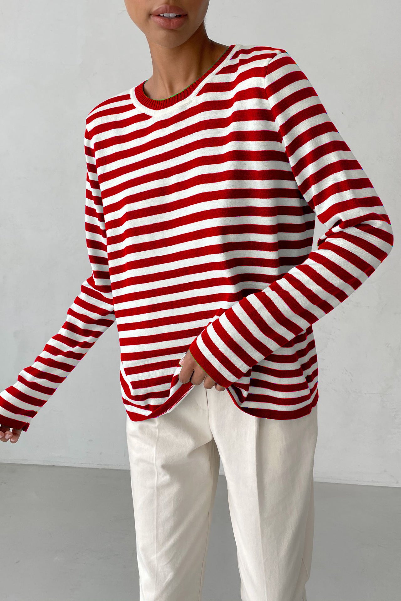 Women's Round Neck Knitted Striped Versatile Classic Retro Pullover Women's Sweater