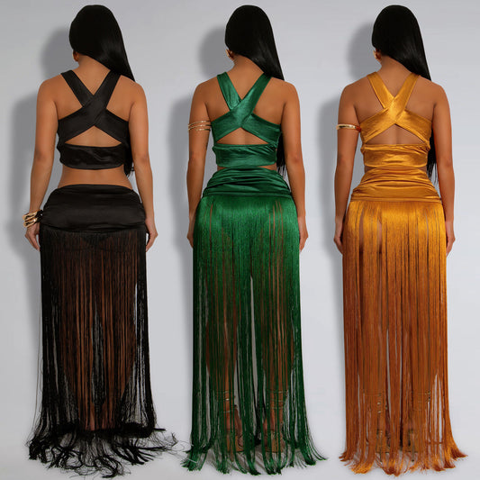 Women's Fashion Wear Sexy Shoulder Strap Tassel Dress Suits