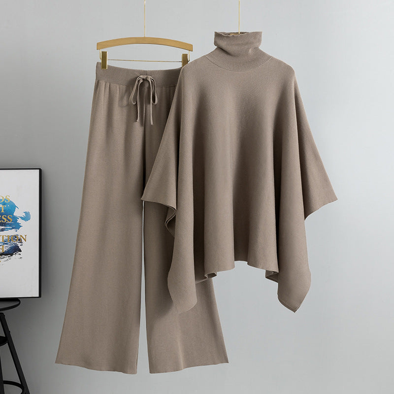 Women's Two-piece Turtleneck Cape Knitted Wide Leg Elegant Fashion Casual Suit