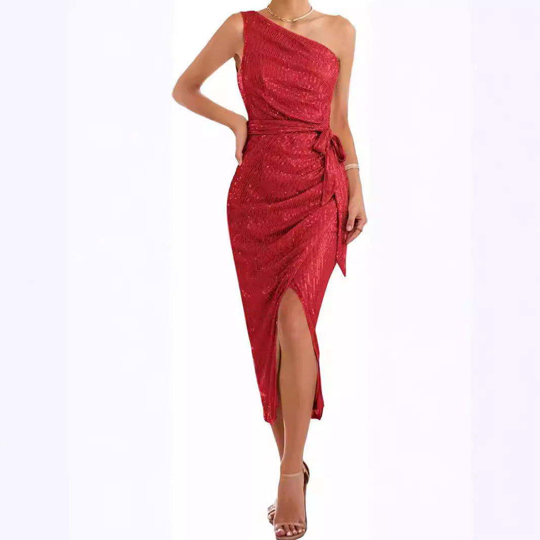 Women's Shoulder Sequins Dress Shiny Glitter Slim Dresses
