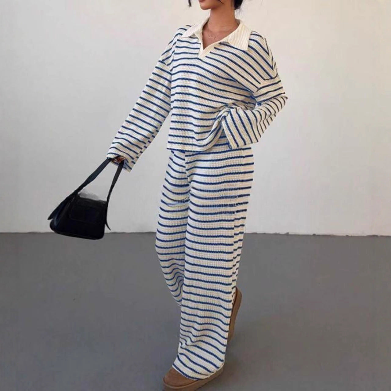 Women's Stripes Contrast Color Long Sleeve Trousers Fashion Casual Suit