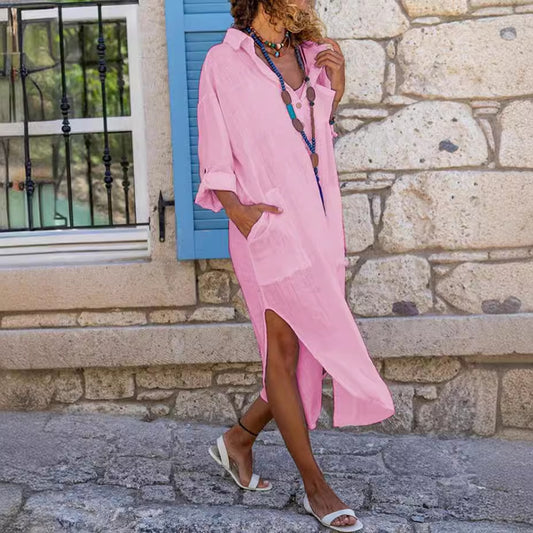 Women's Buttons Slit Loose Breathable Casual Shirt Dresses