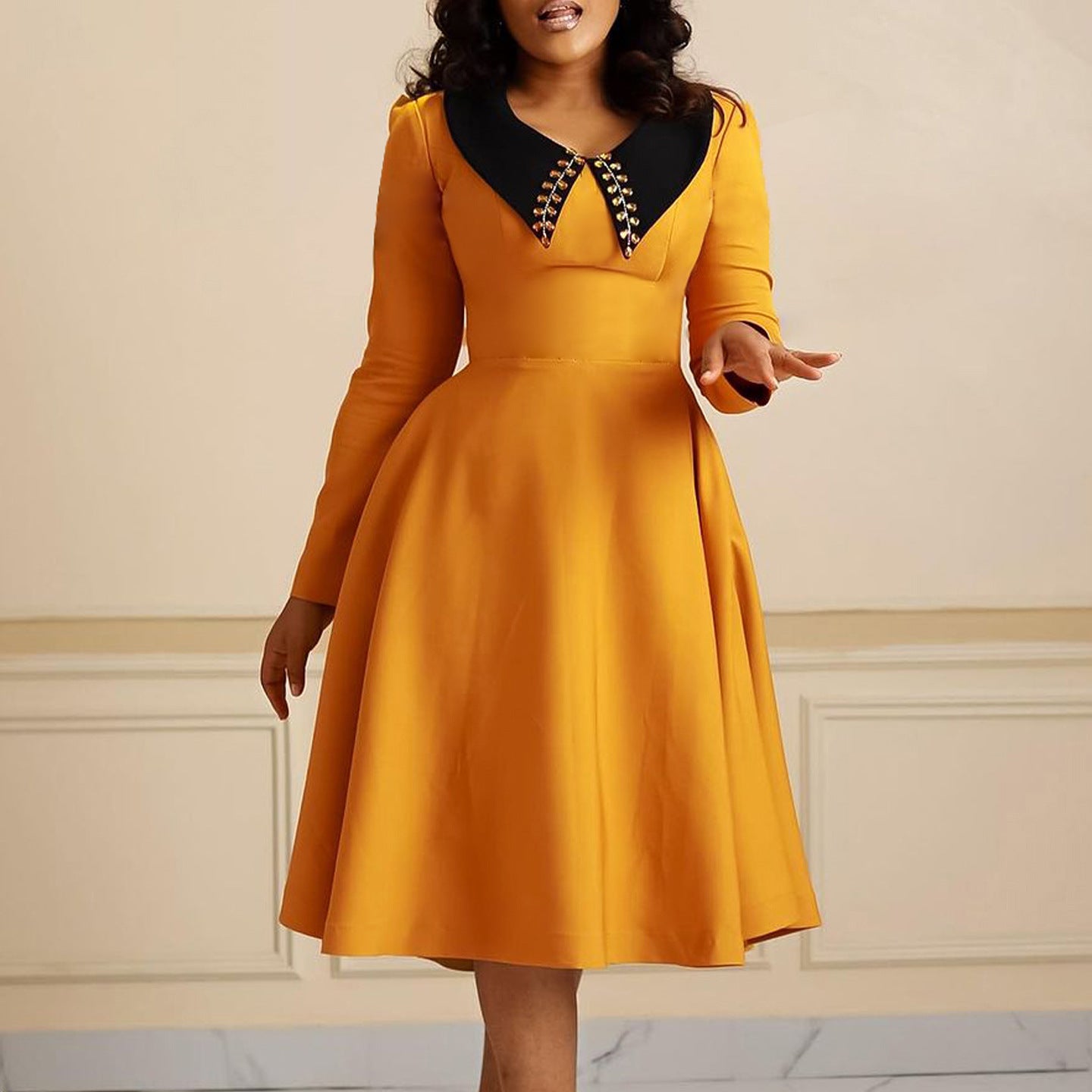 Women's Solid Color Long Sleeve Turn-down Collar Elegant Slimming Large Hem Dress