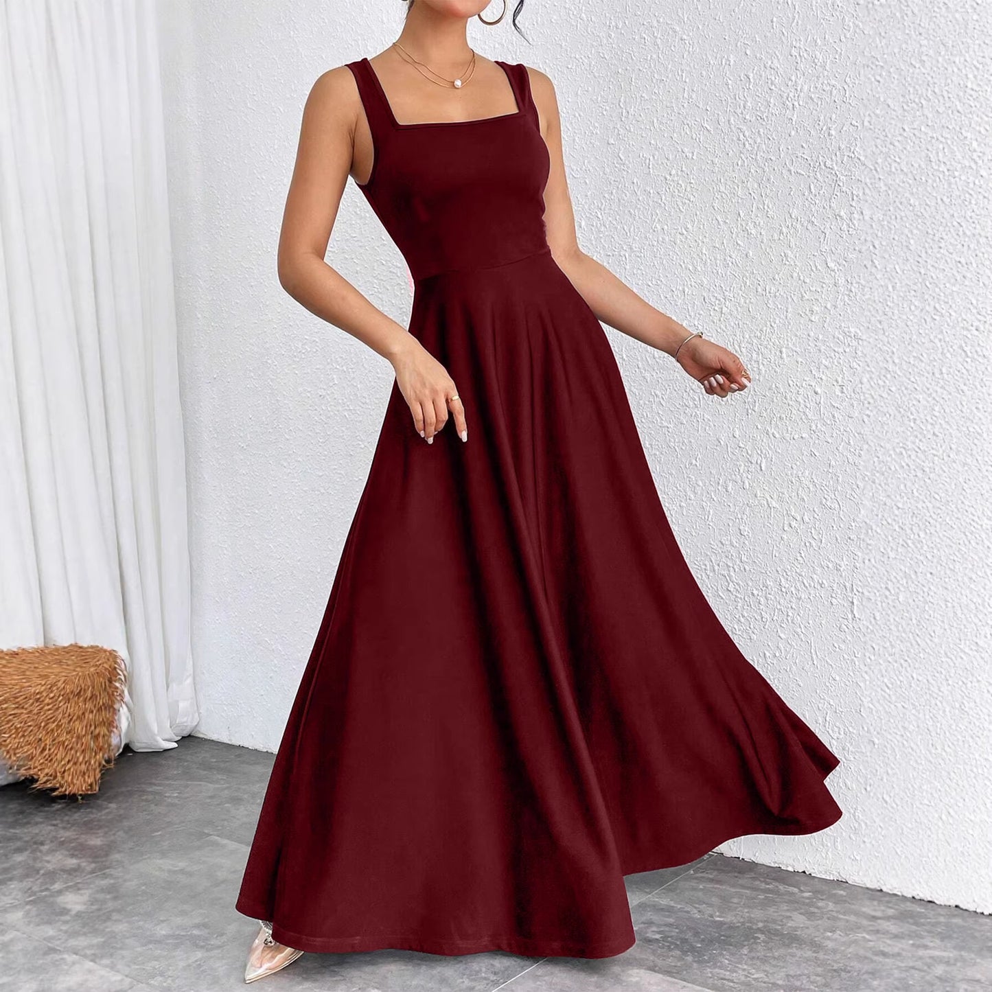 Women's Elegant Square Collar Sleeveless Solid Color Super Long Ladies Dress