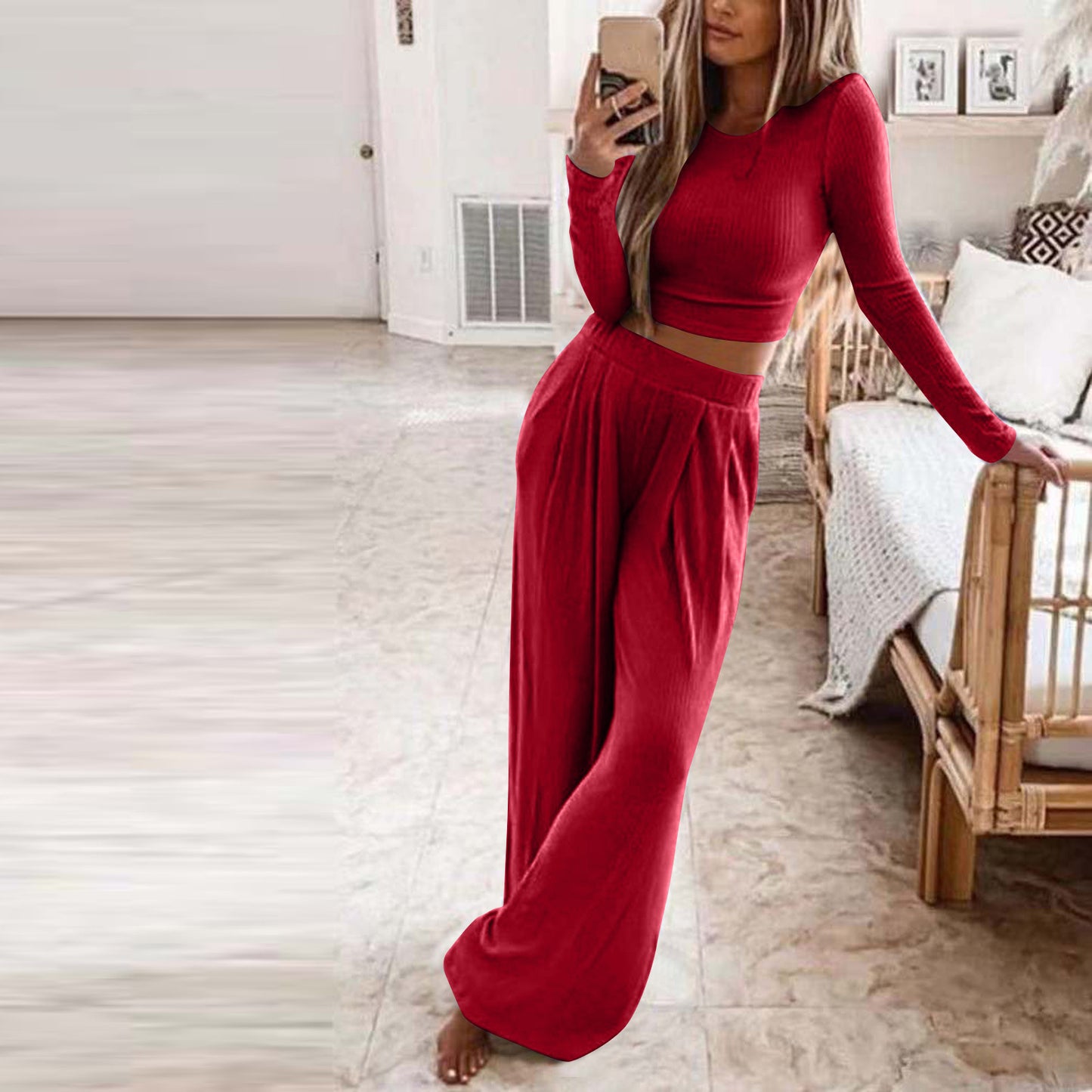 Women's Solid Color Knit Home Two-piece For Suits