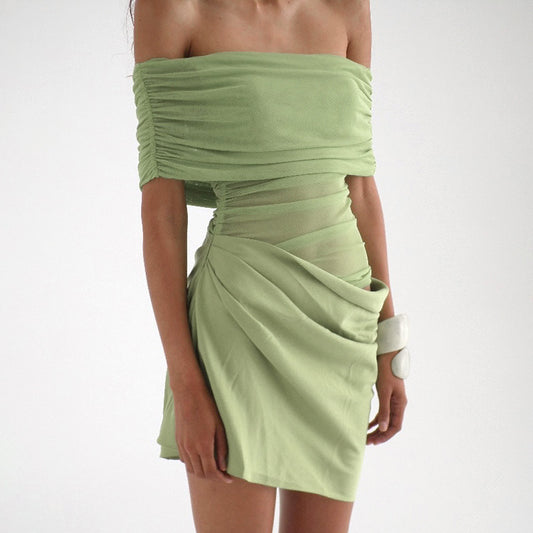 Women's Mesh Stitching Midriff Pleated Dress Dresses