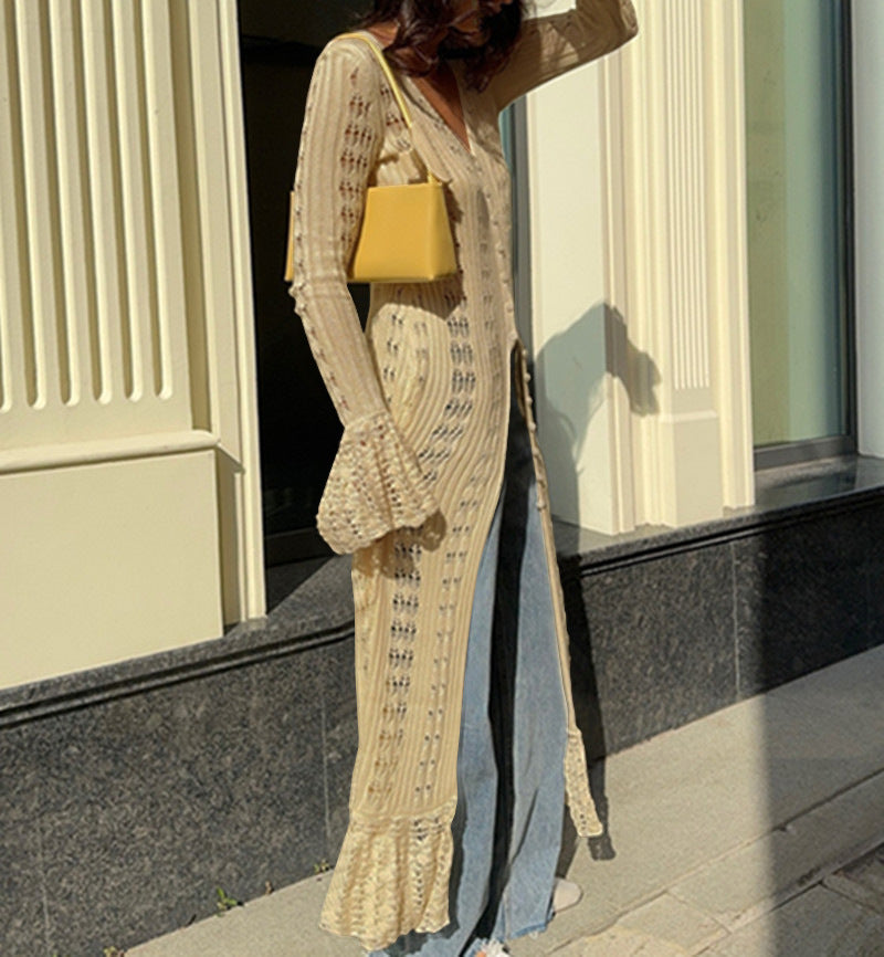 French Style Vacation Hollow Bell Sleeve Woolen Dresses